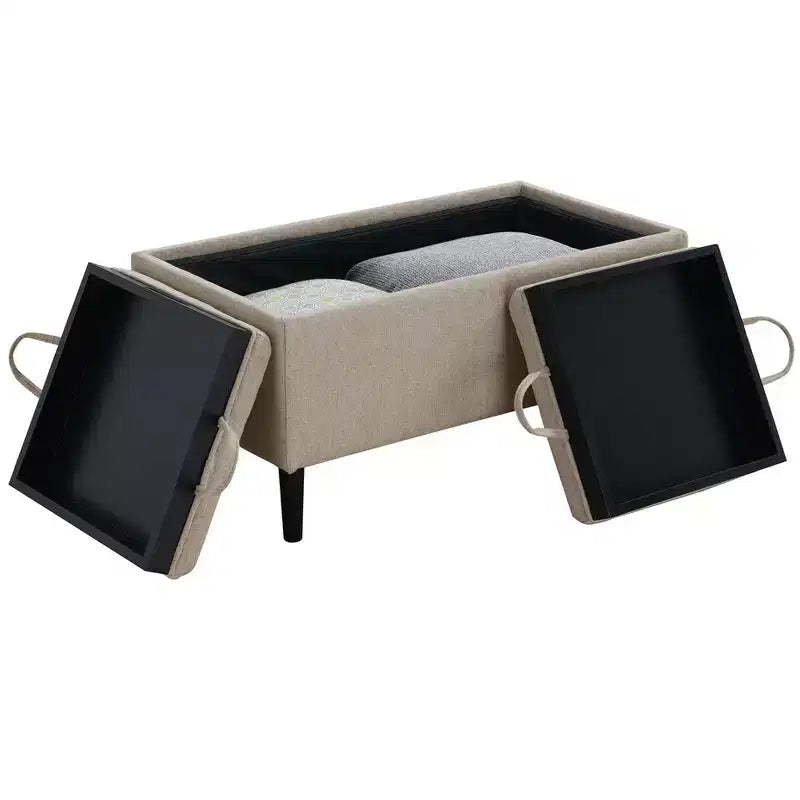 Pouf de rangement avec plateaux réversibles, tissu en lin, beige doux