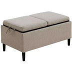 Pouf de rangement avec plateaux réversibles, tissu en lin, beige doux
