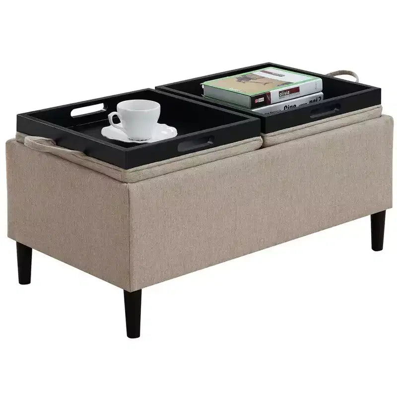 Pouf de rangement avec plateaux réversibles, tissu en lin, beige doux