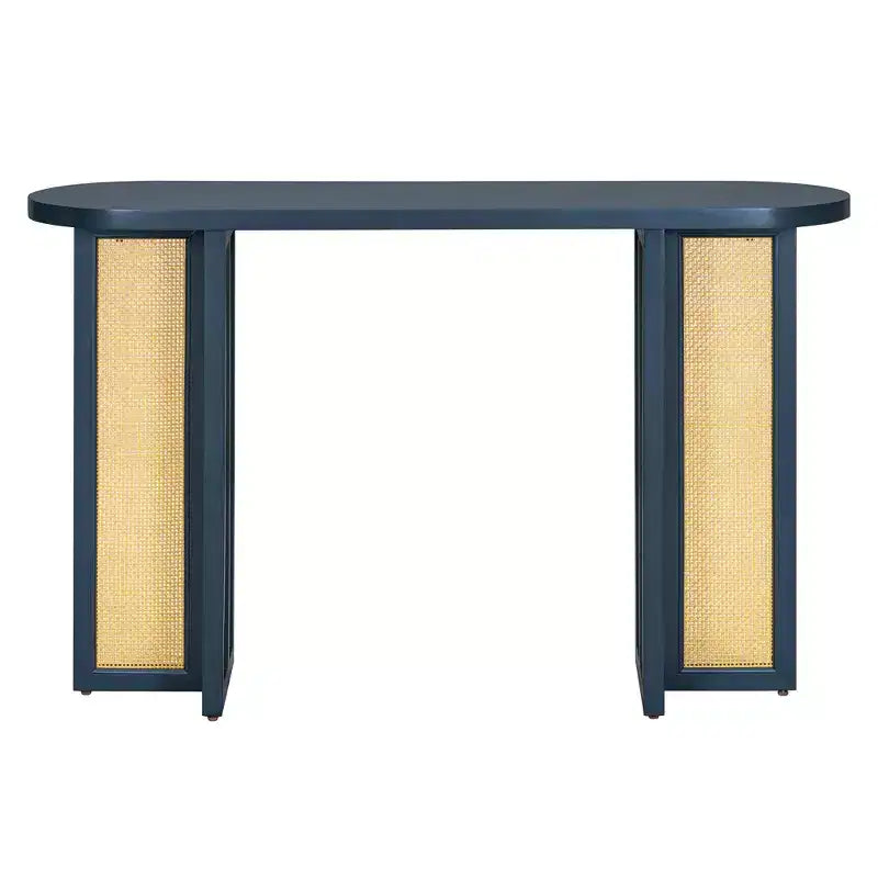 Console étroite en rotin avec plateau ovale et rangement pour salon et entrée