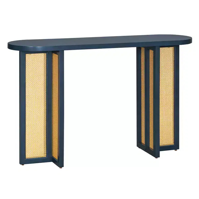 Console étroite en rotin avec plateau ovale et rangement pour salon et entrée