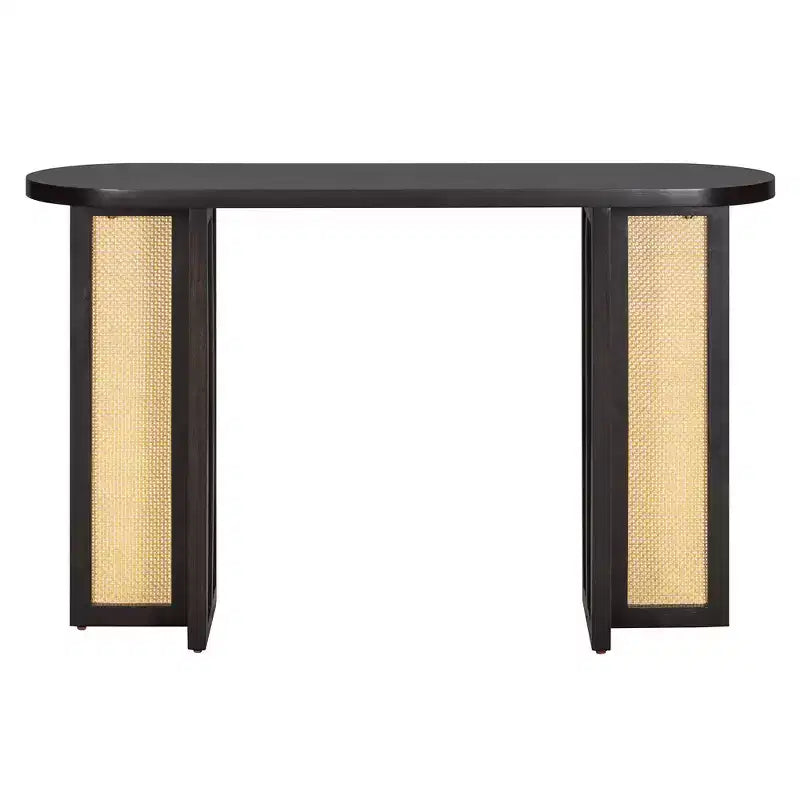 Console étroite en rotin avec plateau ovale et rangement pour salon et entrée