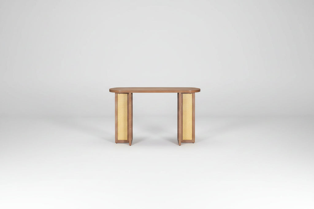 Console étroite en rotin avec plateau ovale et rangement pour salon et entrée