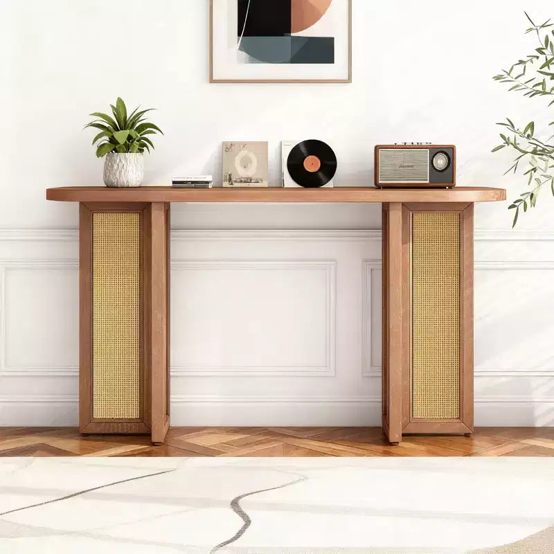 Rattan Narrow Console Table with Oval Top and Storage for Living Room and Entryway