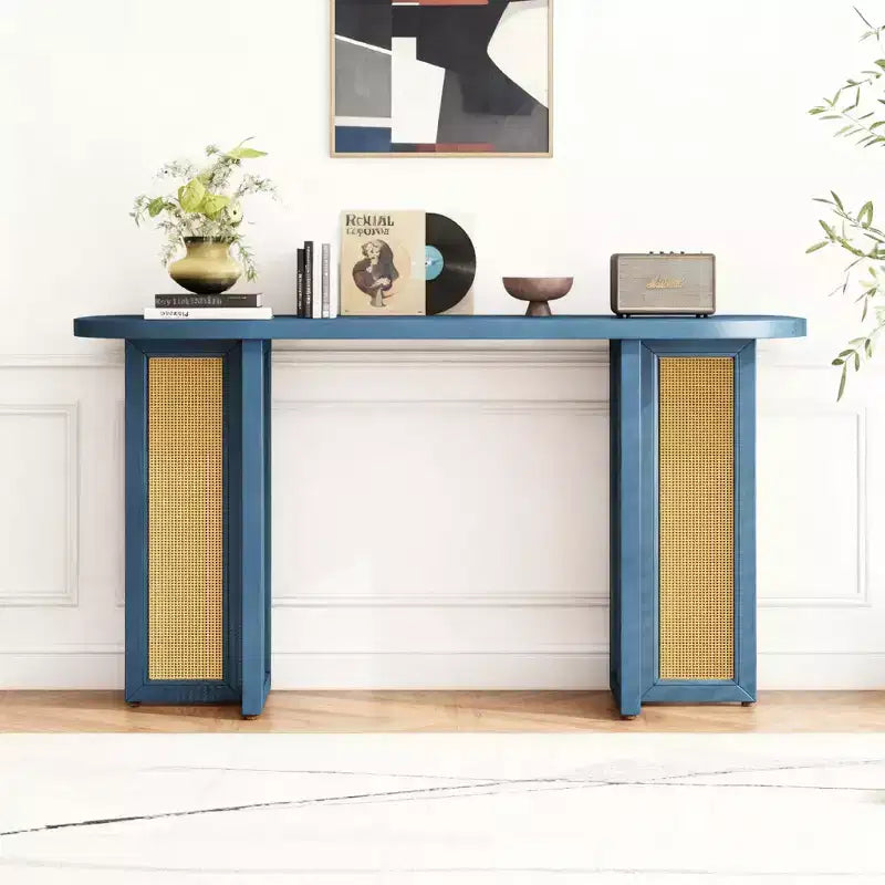 Rattan Narrow Console Table with Oval Top and Storage for Living Room and Entryway