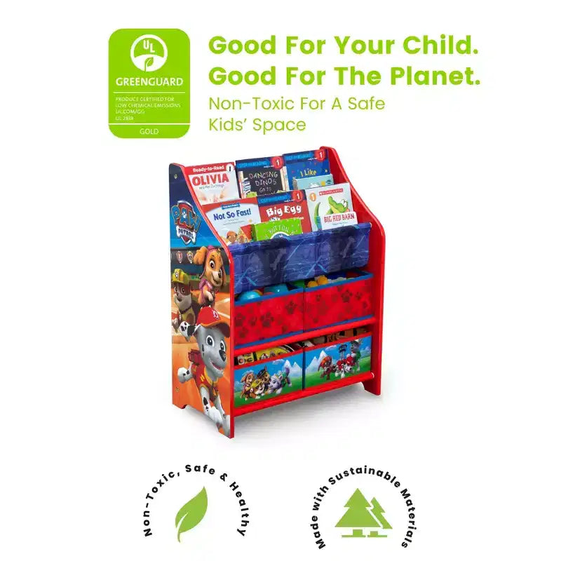 Étagère à livres et organiseur de jouets pour enfants avec 4 bacs en tissu, 2 niveaux de livres, design coloré