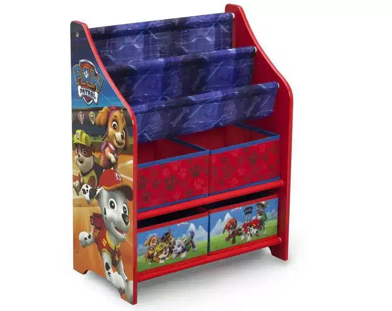 Étagère à livres et organiseur de jouets pour enfants avec 4 bacs en tissu, 2 niveaux de livres, design coloré