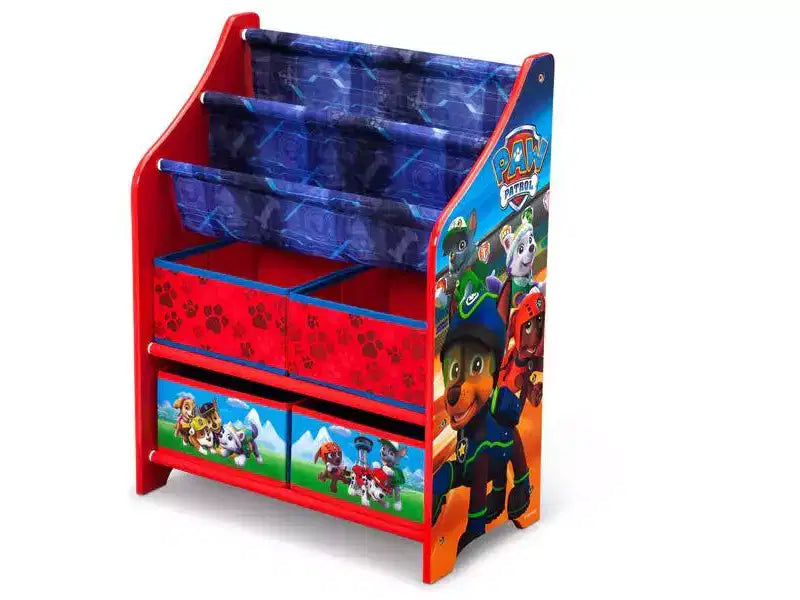 Étagère à livres et organiseur de jouets pour enfants avec 4 bacs en tissu, 2 niveaux de livres, design coloré
