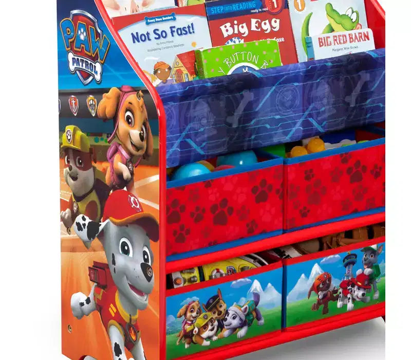 Étagère à livres et organiseur de jouets pour enfants avec 4 bacs en tissu, 2 niveaux de livres, design coloré