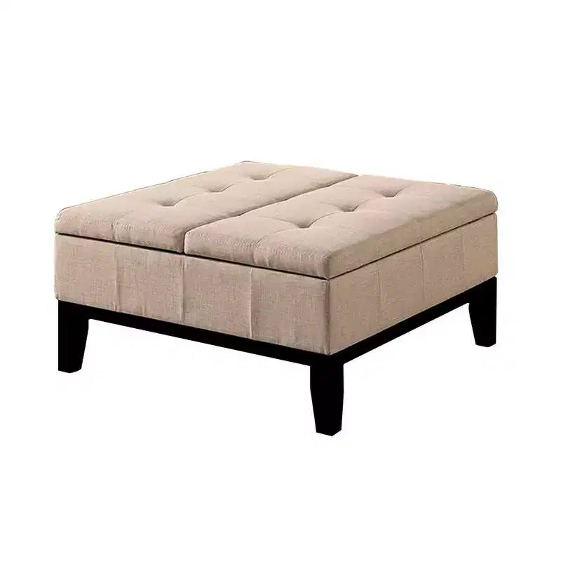 Pouffe de rangement 36 pouces, couvercle de rangement divisé, revêtement en tissu capitonné beige, bois