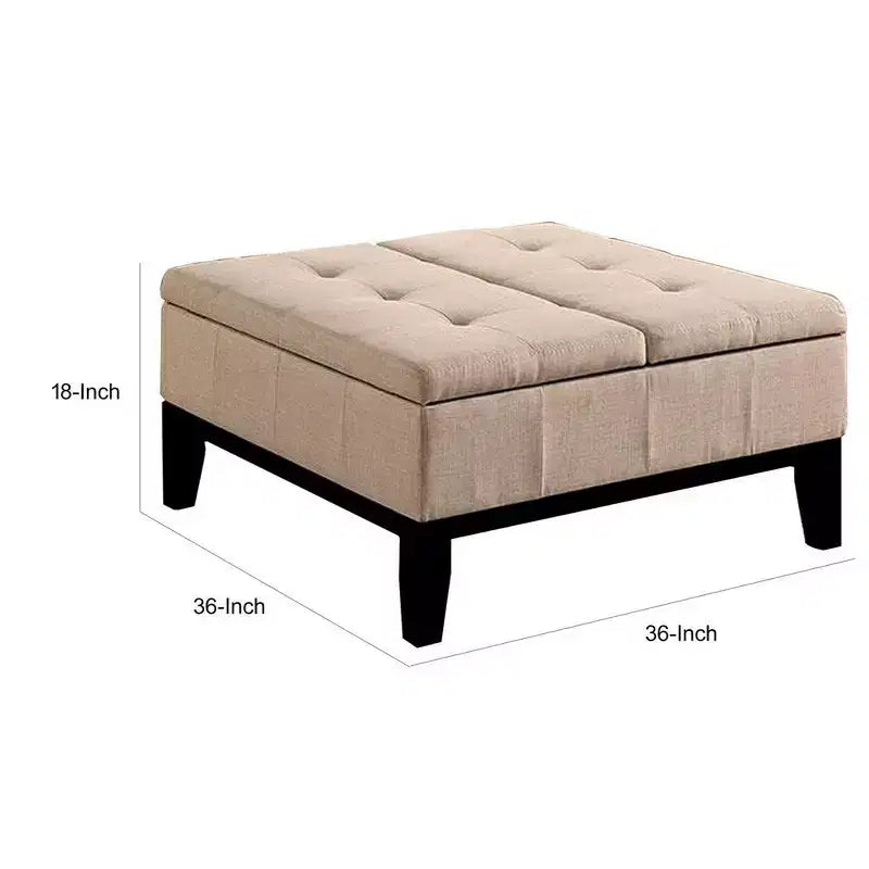 Pouffe de rangement 36 pouces, couvercle de rangement divisé, revêtement en tissu capitonné beige, bois