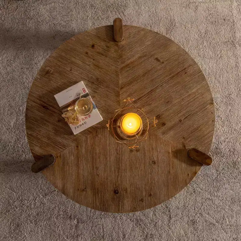 36" Round Wood Coffee Table for Living Room, Rustic Farmhouse Center Table with Solid Legs