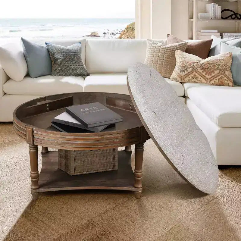 Table basse/ottoman rembourré rond de 80 cm, avec plateau en lin capitonné et étagère de rangement en bois, pour salon