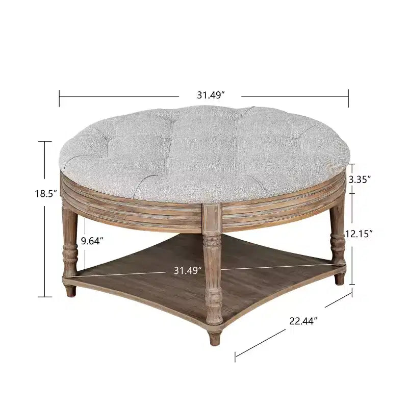 Table basse/ottoman rembourré rond de 80 cm, avec plateau en lin capitonné et étagère de rangement en bois, pour salon