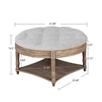 Table basse/ottoman rembourré rond de 80 cm, avec plateau en lin capitonné et étagère de rangement en bois, pour salon