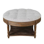 Table basse/ottoman rembourré rond de 80 cm, avec plateau en lin capitonné et étagère de rangement en bois, pour salon