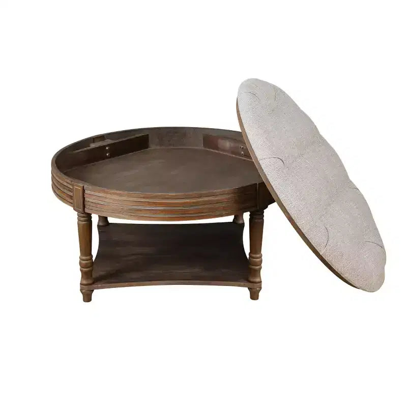 Table basse/ottoman rembourré rond de 80 cm, avec plateau en lin capitonné et étagère de rangement en bois, pour salon