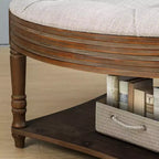 Table basse/ottoman rembourré rond de 80 cm, avec plateau en lin capitonné et étagère de rangement en bois, pour salon