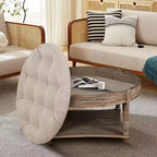 Table basse/ottoman rembourré rond de 80 cm, avec plateau en lin capitonné et étagère de rangement en bois, pour salon