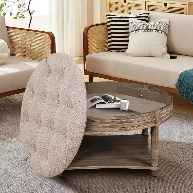 Table basse/ottoman rembourré rond de 80 cm, avec plateau en lin capitonné et étagère de rangement en bois, pour salon
