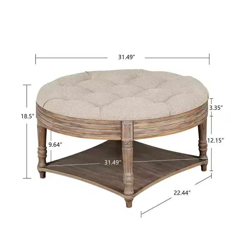 Table basse/ottoman rembourré rond de 80 cm, avec plateau en lin capitonné et étagère de rangement en bois, pour salon