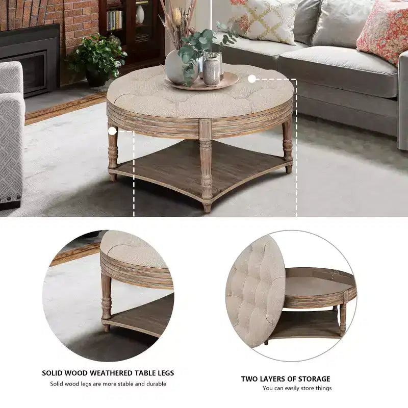 Table basse/ottoman rembourré rond de 80 cm, avec plateau en lin capitonné et étagère de rangement en bois, pour salon