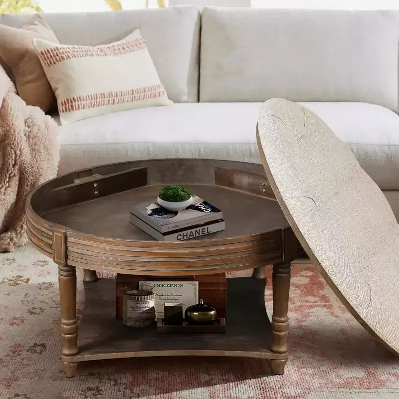 31.5" Round Upholstered Ottoman Coffee Table, Button Tufted Linen Top with Wooden Storage Shelf, for Living Room