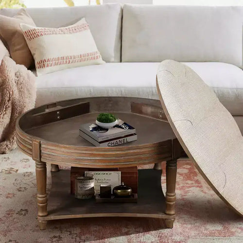 Table basse/ottoman rembourré rond de 80 cm, avec plateau en lin capitonné et étagère de rangement en bois, pour salon