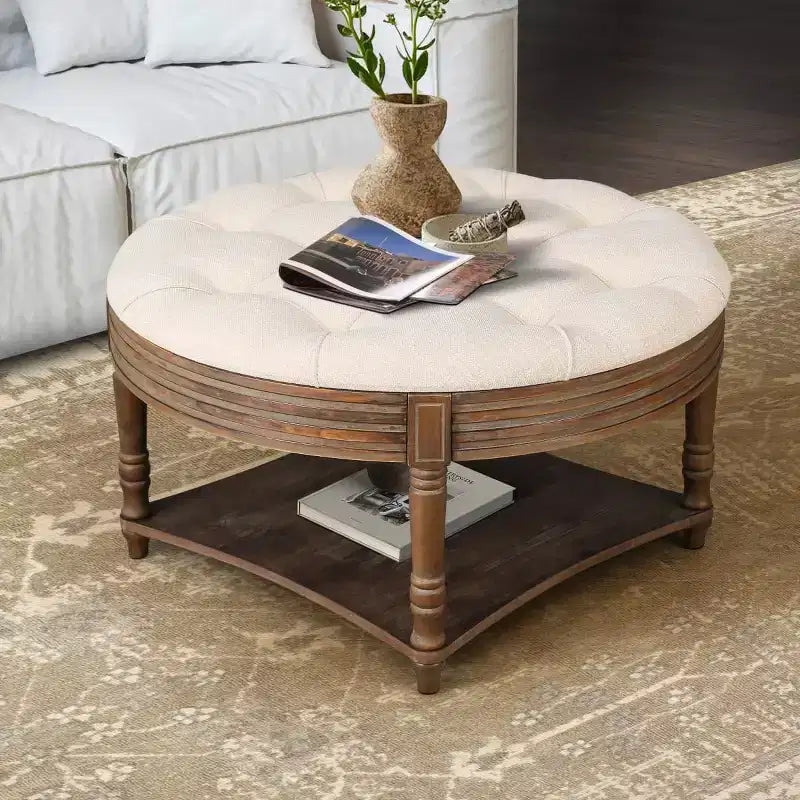 Table basse/ottoman rembourré rond de 80 cm, avec plateau en lin capitonné et étagère de rangement en bois, pour salon