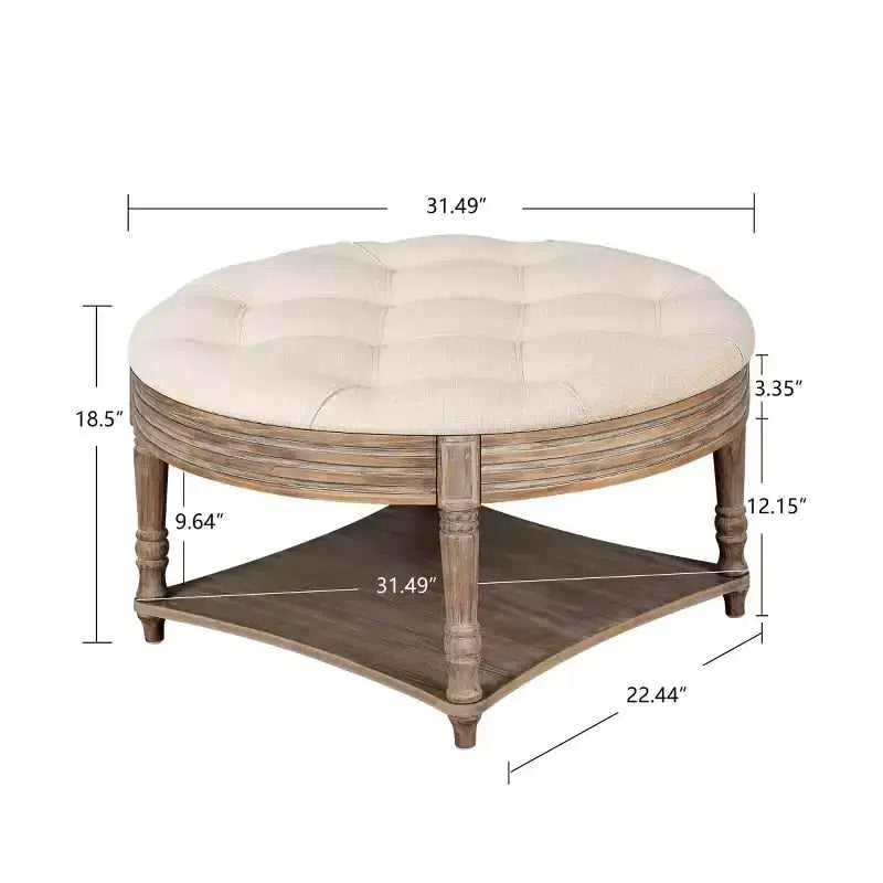 Table basse/ottoman rembourré rond de 80 cm, avec plateau en lin capitonné et étagère de rangement en bois, pour salon