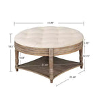 Table basse/ottoman rembourré rond de 80 cm, avec plateau en lin capitonné et étagère de rangement en bois, pour salon