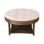 Table basse/ottoman rembourré rond de 80 cm, avec plateau en lin capitonné et étagère de rangement en bois, pour salon