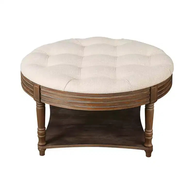 Table basse/ottoman rembourré rond de 80 cm, avec plateau en lin capitonné et étagère de rangement en bois, pour salon