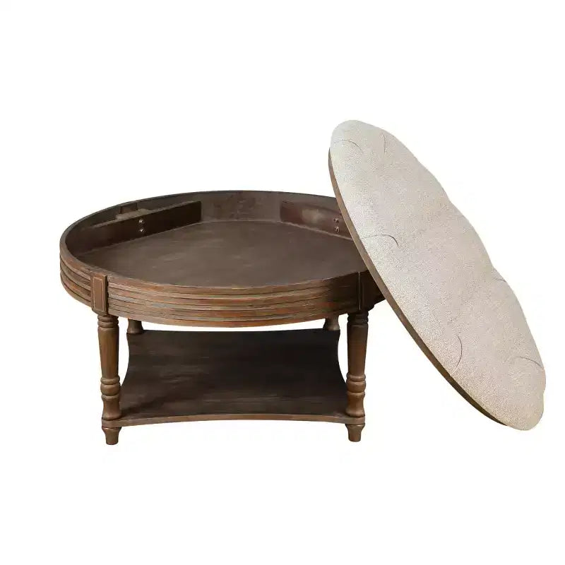 Table basse/ottoman rembourré rond de 80 cm, avec plateau en lin capitonné et étagère de rangement en bois, pour salon
