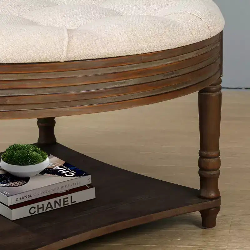 Table basse/ottoman rembourré rond de 80 cm, avec plateau en lin capitonné et étagère de rangement en bois, pour salon