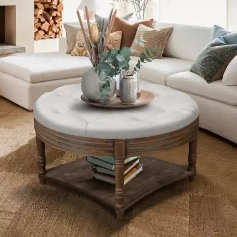 Table basse/ottoman rembourré rond de 80 cm, avec plateau en lin capitonné et étagère de rangement en bois, pour salon