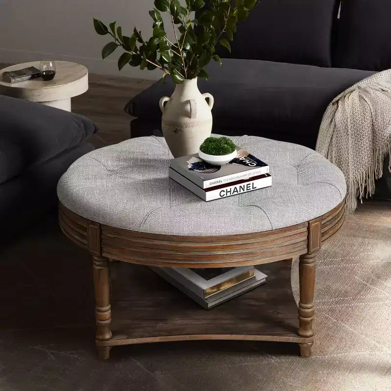 31.5" Round Upholstered Ottoman Coffee Table, Button Tufted Linen Top with Wooden Storage Shelf, for Living Room