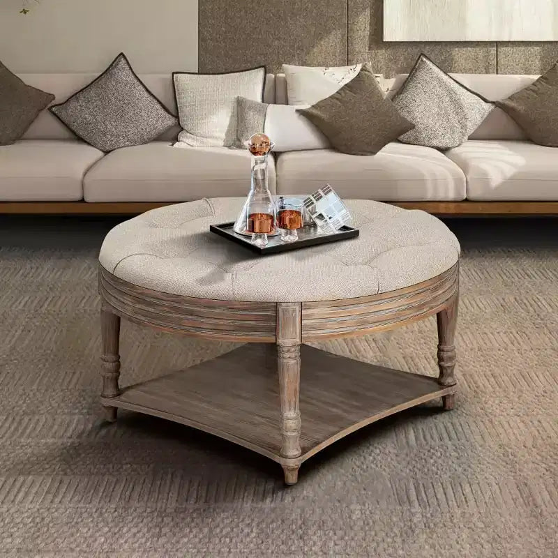 31.5" Round Upholstered Ottoman Coffee Table, Button Tufted Linen Top with Wooden Storage Shelf, for Living Room