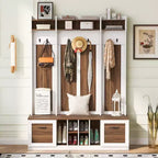 5-In-1 Coat Rack with 7 Sturdy Hooks and 2 Spacious Drawers, Wide Hall Tree with Adjustable Shelves and Metal Handles for Hallway, Brown+White
