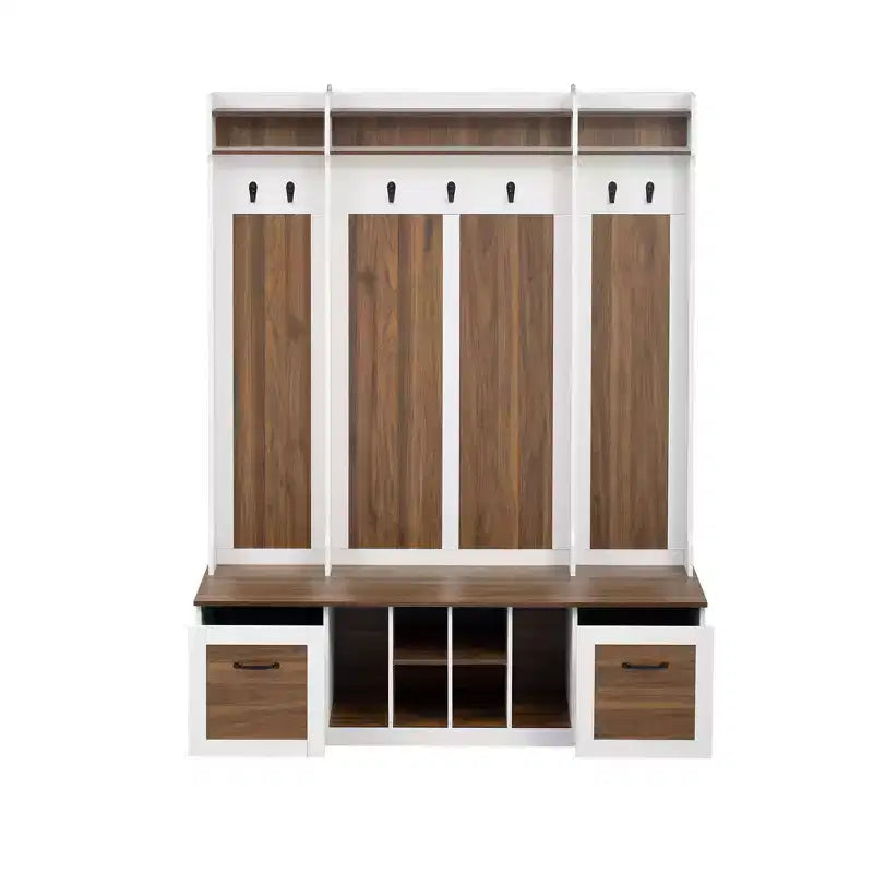 5-In-1 Coat Rack with 7 Sturdy Hooks and 2 Spacious Drawers, Wide Hall Tree with Adjustable Shelves and Metal Handles for Hallway, Brown+White