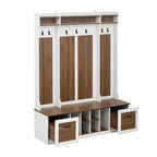 5-In-1 Coat Rack with 7 Sturdy Hooks and 2 Spacious Drawers, Wide Hall Tree with Adjustable Shelves and Metal Handles for Hallway, Brown+White