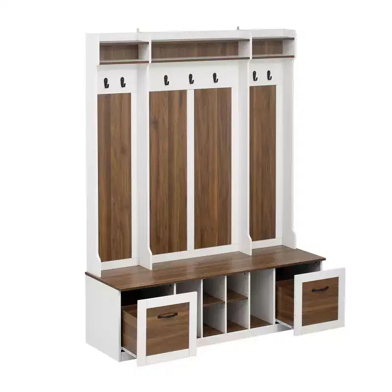 5-In-1 Coat Rack with 7 Sturdy Hooks and 2 Spacious Drawers, Wide Hall Tree with Adjustable Shelves and Metal Handles for Hallway, Brown+White