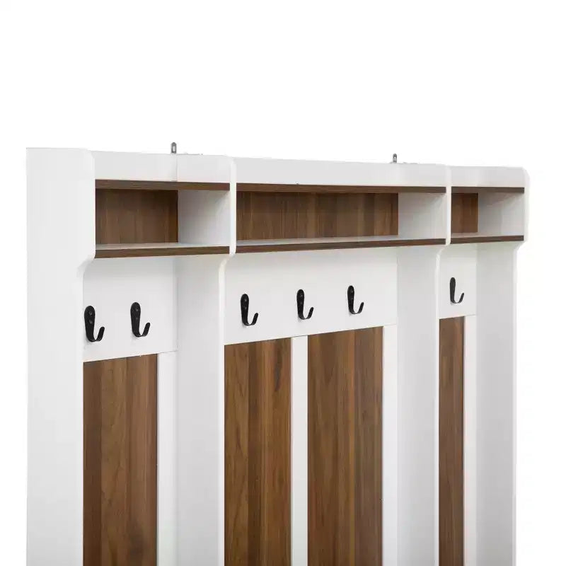 5-In-1 Coat Rack with 7 Sturdy Hooks and 2 Spacious Drawers, Wide Hall Tree with Adjustable Shelves and Metal Handles for Hallway, Brown+White