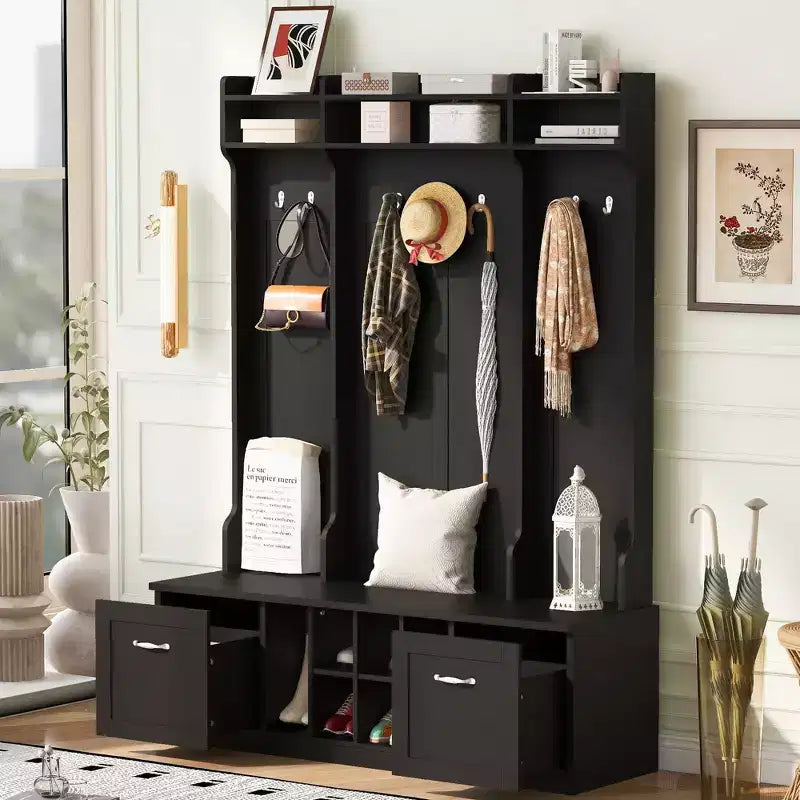 5-In-1 Coat Rack with 7 Sturdy Hooks and 2 Spacious Drawers, Wide Hall Tree with Adjustable Shelves and Metal Handles for Hallway, Black