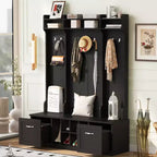 5-In-1 Coat Rack with 7 Sturdy Hooks and 2 Spacious Drawers, Wide Hall Tree with Adjustable Shelves and Metal Handles for Hallway, Black