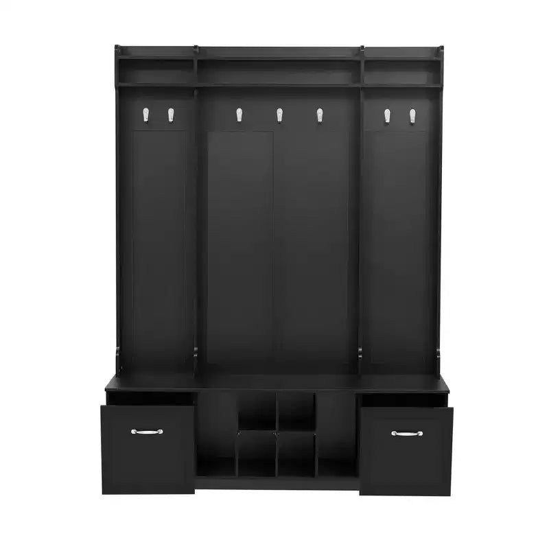 5-In-1 Coat Rack with 7 Sturdy Hooks and 2 Spacious Drawers, Wide Hall Tree with Adjustable Shelves and Metal Handles for Hallway, Black