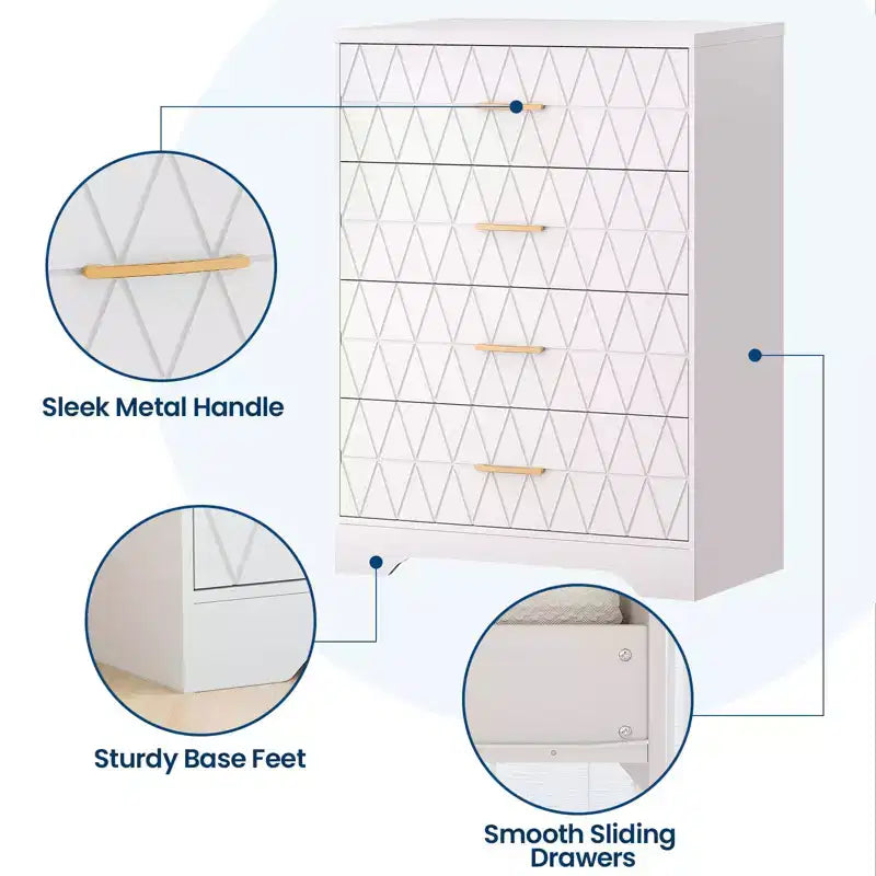 Wood Dressers for Bedroom with 4 Drawers, Modern Tall Dressers, Wide Chest of Drawers with Gold Handles,Dresser Nightstand, Storage Organizer Cabinet