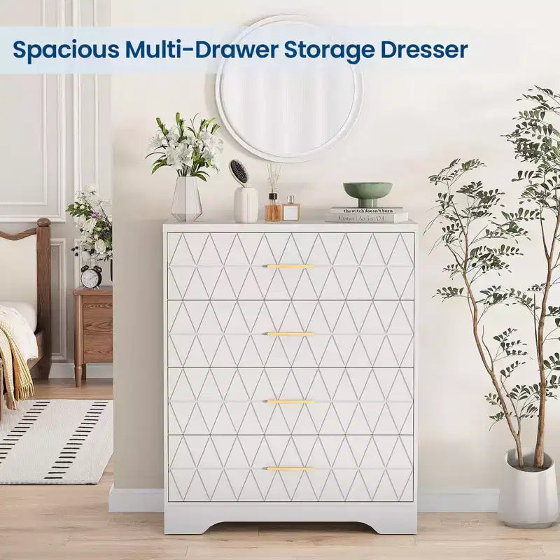 Wood Dressers for Bedroom with 4 Drawers, Modern Tall Dressers, Wide Chest of Drawers with Gold Handles,Dresser Nightstand, Storage Organizer Cabinet