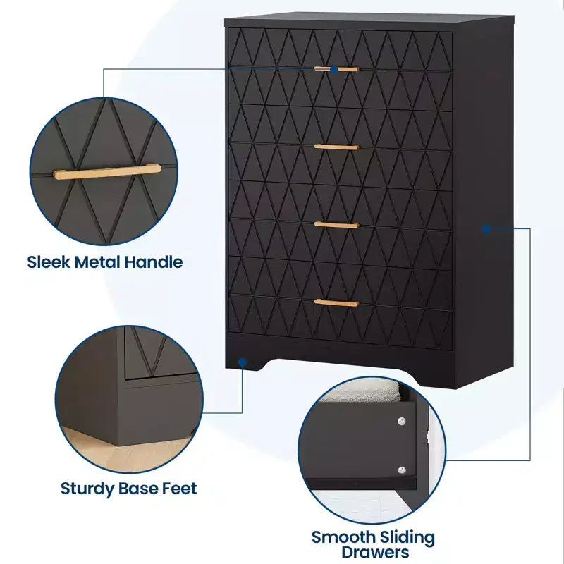 Wood Dressers for Bedroom with 4 Drawers, Modern Tall Dressers, Wide Chest of Drawers with Gold Handles,Dresser Nightstand, Storage Organizer Cabinet
