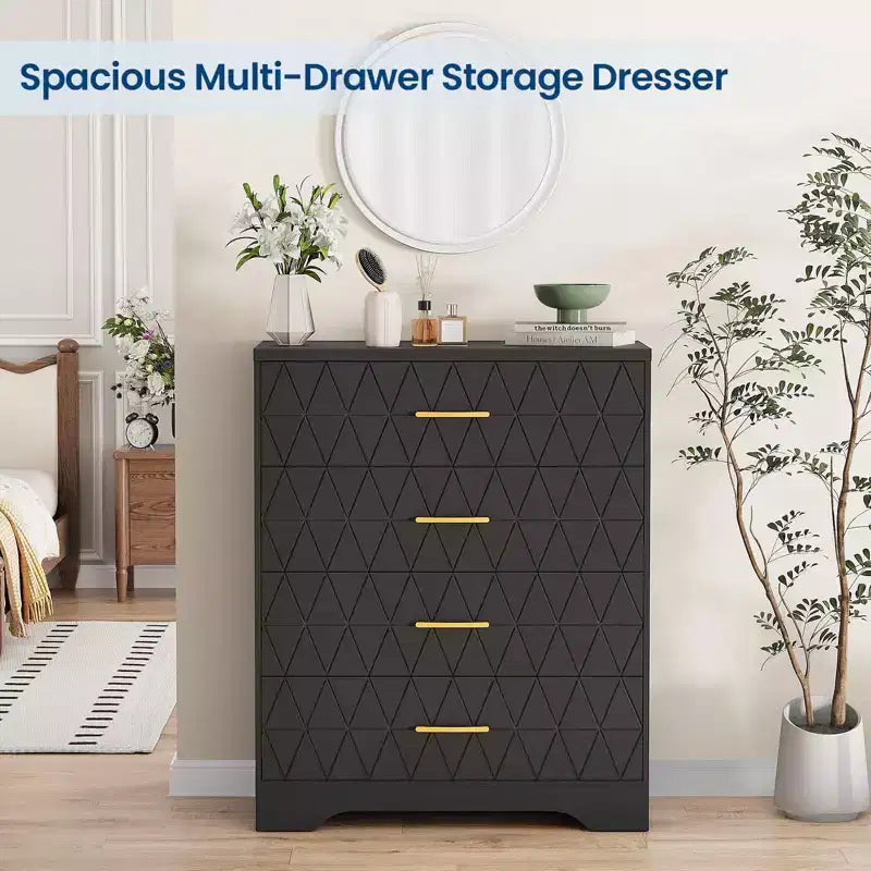 Wood Dressers for Bedroom with 4 Drawers, Modern Tall Dressers, Wide Chest of Drawers with Gold Handles,Dresser Nightstand, Storage Organizer Cabinet